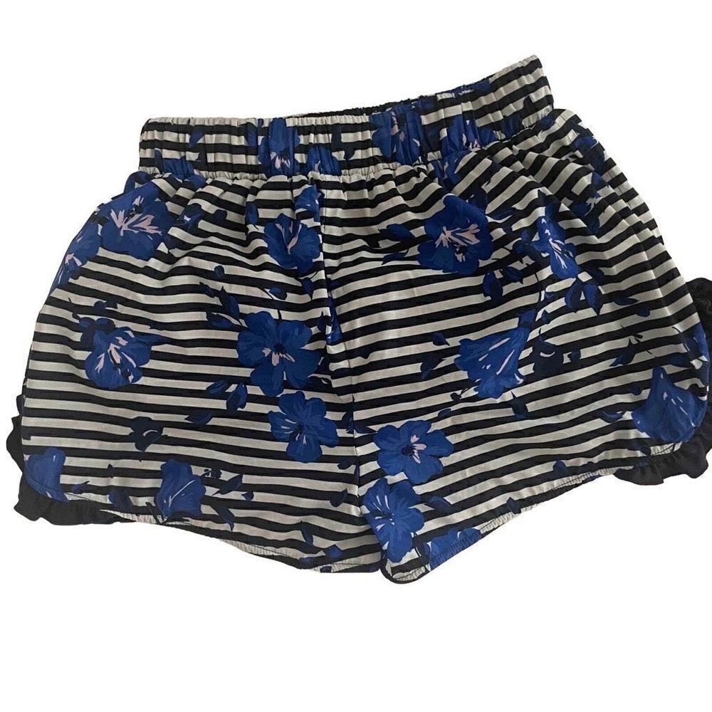 Kate Spade Live Colorfully Black Striped Blue Floral Ruffled Sz XXS Shorts